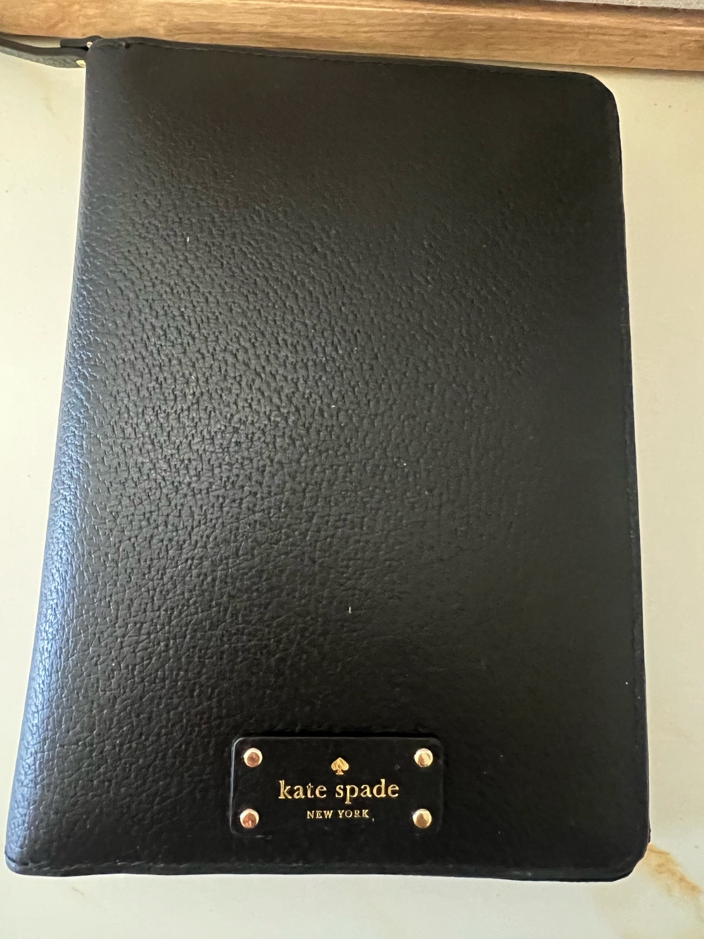 kate spade Black Leather Planner with Gold Logo Plate